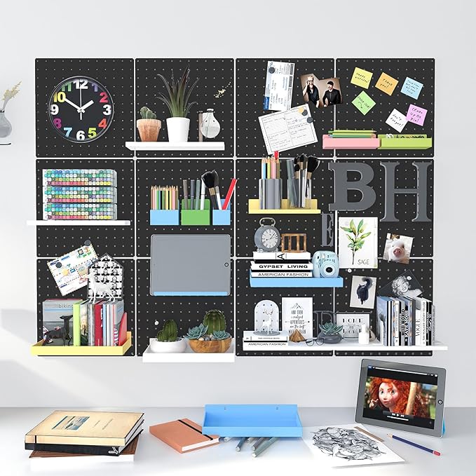 Peg Board, 6 Pack 12"x12" Black Metal Pegboard Panels Pegboards Wall Organizer with Bent Frame Large Heavy Duty Peg Board for