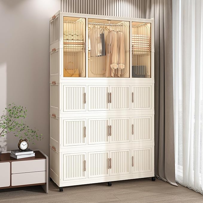 Portable Wardrobe Closet Storage Organizer for Clothes, Clothes Dresser, 12 Magnetic Doors-12 Cubes & 2 Hanging Rod,16 pcs Ha