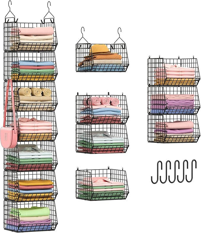 X-cosrack 7 Tier Foldable Hanging Closet Organizer and Storage,Wire Closet Shelving with 4 Large Hooks+ 5 S Hooks,Hanging Bas
