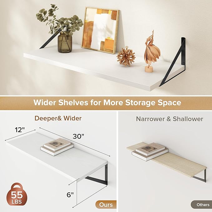 Deep Floating Shelves Wall Mounted, 30"x12" White Wall Shelves with Brackets Set of 2 for Bedroom, Living Room, Bathroom, Kit