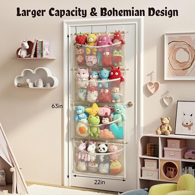 Over Door Large-Capacity Stuffed Animal Storage with Metal Hook & Wooden Stick, Hanging Plush Animal Bear Doll Toy Organizer 