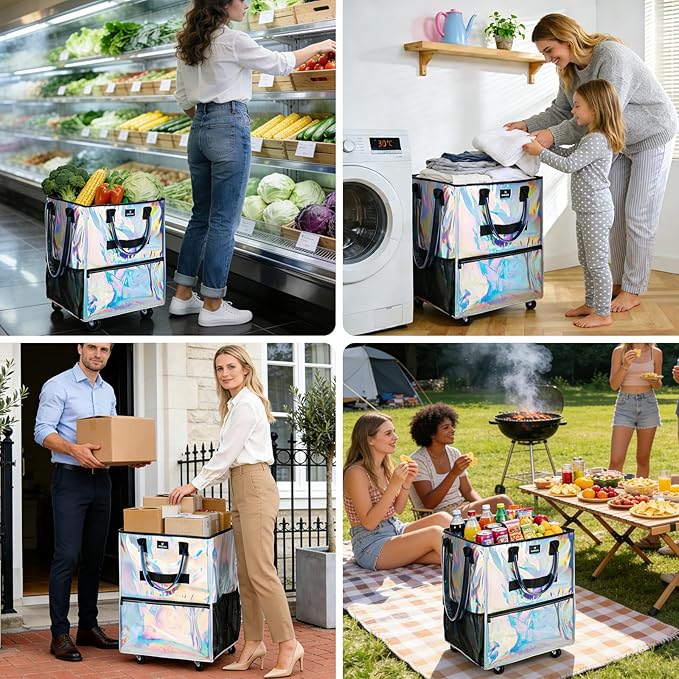 Reusable Grocery Bag On Wheels, Foldable Shopping Trolley with Enhanced Stability Wheels, Water Resistant, 6 Pockets & 3-Way Carry for Outdoor, Camping, Small, Gradient Silver