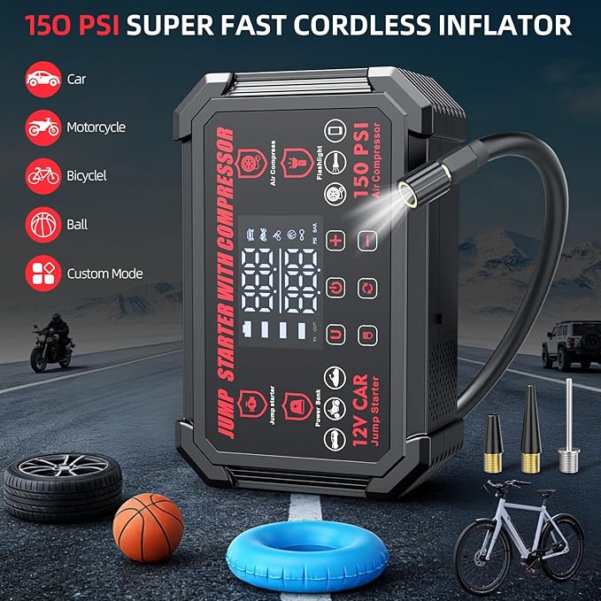 Jump Starter with Air Compressor, 4000A Peak Portable Car Battery Jumper Starter with 150PSI Auto-Shutoff Tire Inflator, 12V