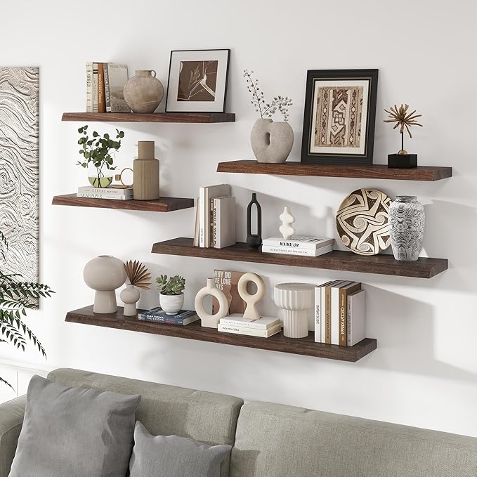 RICHFOCUS Live Edge Elm Floating Shelves - 40" W x 9.3" D Rustic Solid Wood Wall Shelves with Invisible Bracket, Wall-Mounted