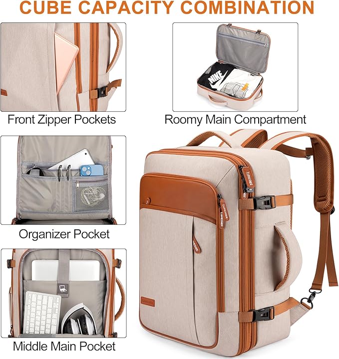 Lumesner Carry on Travel Backpacks, Extra Large 40L Flight Approved Bag for Men & Women,Expandable Suitcase Backpack With 4 P