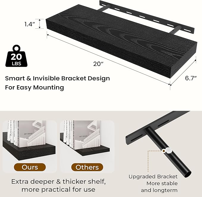 Dreamland 20 Inch Long Floating Shelves in Black,6.7 Inch Deep Floating Shelf for Wall,Large Display & Storage Shelf, Wall Sh