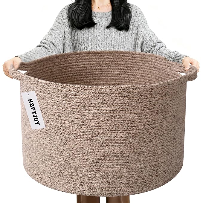 90L Large Blanket Basket,21.7"L x 21.7"W x 13.8"H Rope Woven Baskets with Handles,Brown Storage Bins,Laundry Basket Perfect f