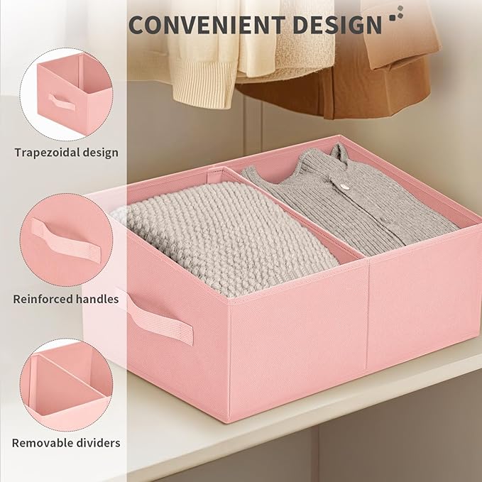 DIMJ Large Closet Shelf Organizer Bins 8 Packs with Handles and Divider, Fabric Trapezoid Storage Baskets, Foldable Clothes C