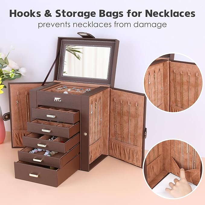 Kendal Jewelry Box, 6-Layer Jewelry Storage Organizer for Necklace Bracelet Rings Watch, 10.2"x8.2"x6" Classic Brown PU Leath