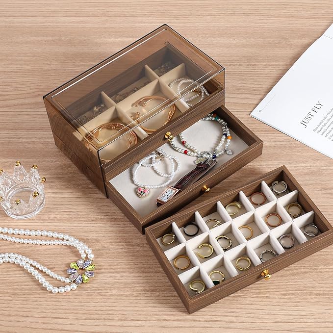 3 Layer Wooden Drawers Jewelry Box Vintage Style Jewelry Organizer with Acrylic Cover, Jewelry Storage Display Box for Ring E