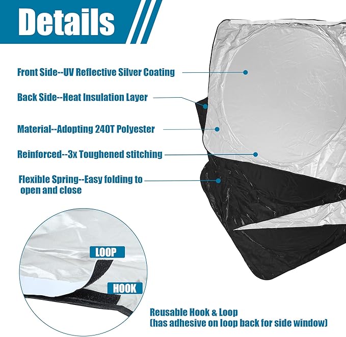 X AUTOHAUX Semi-Truck Sunshade for Windshield and Side Window Full Covered 240T Nylon Polyester Foldable Sun Shade Sun Heat Proctection Cool Temperature for Trailer Commercial Big Rig Trucks