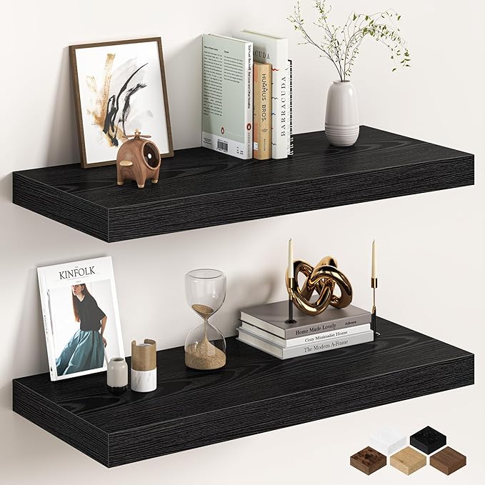 32Inch Black Floating Shelves for Wall, 12 Inch Deep Shelves for Bedroom, Kitchen, Bathroom Wall Mounted, Rustic Wood Floatin