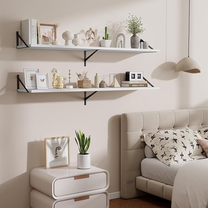 Deep Floating Shelves,55" Wx10 D Wood Wall Shelves Set of 2,Long Wood Floating Shelf with Metal Brackets,Floating Bookshelf f
