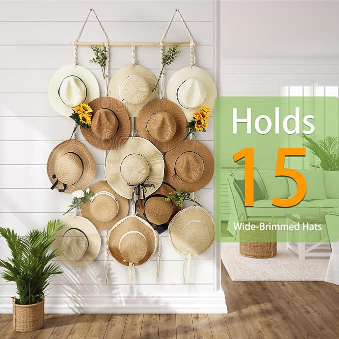 Macrame Hat Rack for Wall 31x66 in Hat Organizer with 15 Clips Hanging Hat Hanger Holder for Women Wide Brimmed Hat Storage f