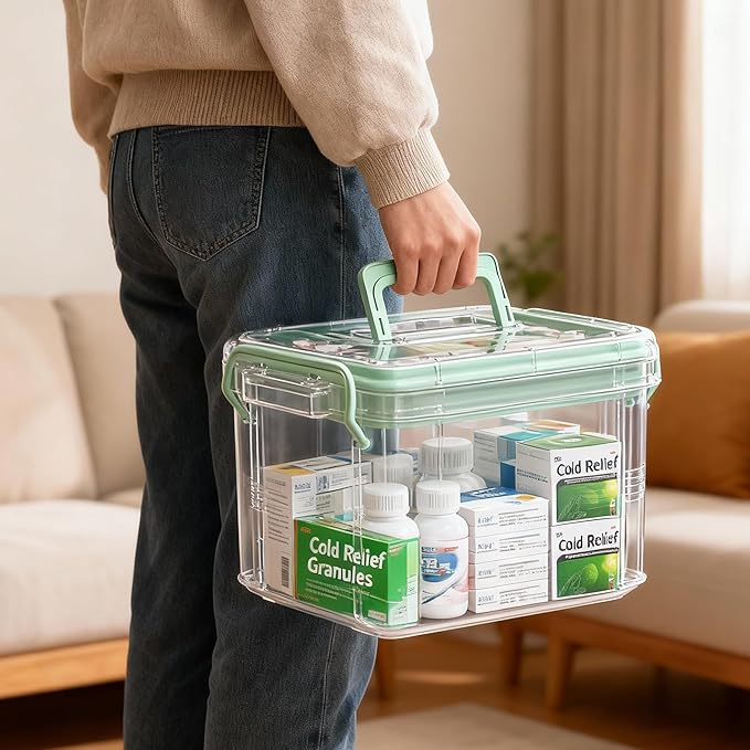 UFI Clear Medicine Storage Box with Lids, 2 Pack Portable First Aid Organizer with Handle, Stackable Storage Containers for F