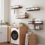 Bathroom Floating Shelves Wall Mounted - 4+1 Tier Rustic Wooden Bathroom Wall Shelves Over Toilet with Wire Storage Basket&To