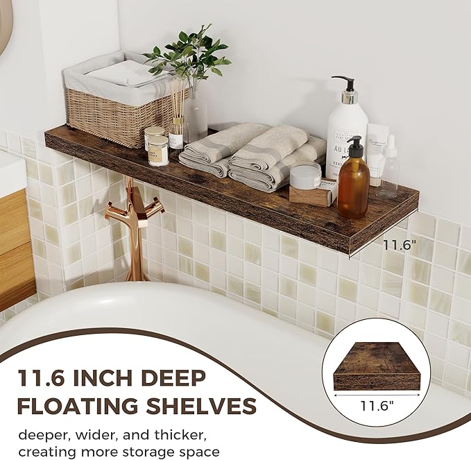 Fun Memories 12 Deep Floating Shelves, 40W x 12D Floating Shelves for Wall Set of 2, Extra Deeper Hanging Wood Shelves for Wa