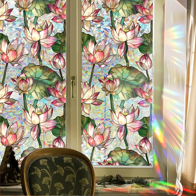 Niviy Lotus Flowers Stained Glass Window Film, Rainbow Window Film Glass Decals Sun Protection Decals for Car Moonroof, Windows Tint for Home Bathroom (16.93 x 39.37inch)