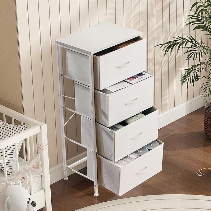 DUMOS Dresser for Bedroom, 4 Storage Drawers, Tall Fabric Closet Chests Organizer Tower Furniture with Wooden Top Metal Frame