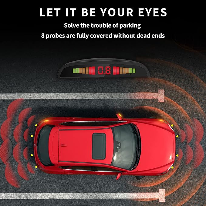 Car Reverse Parking Radar System with 8 Parking Sensors Distance Detection + LED Distance Display + Sound Warning (Black Color)