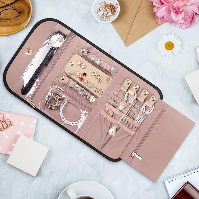 Travel Jewelry Organizer Box, Foldable Travel Case for Earrings, Necklaces, Rings, Bracelets, Black