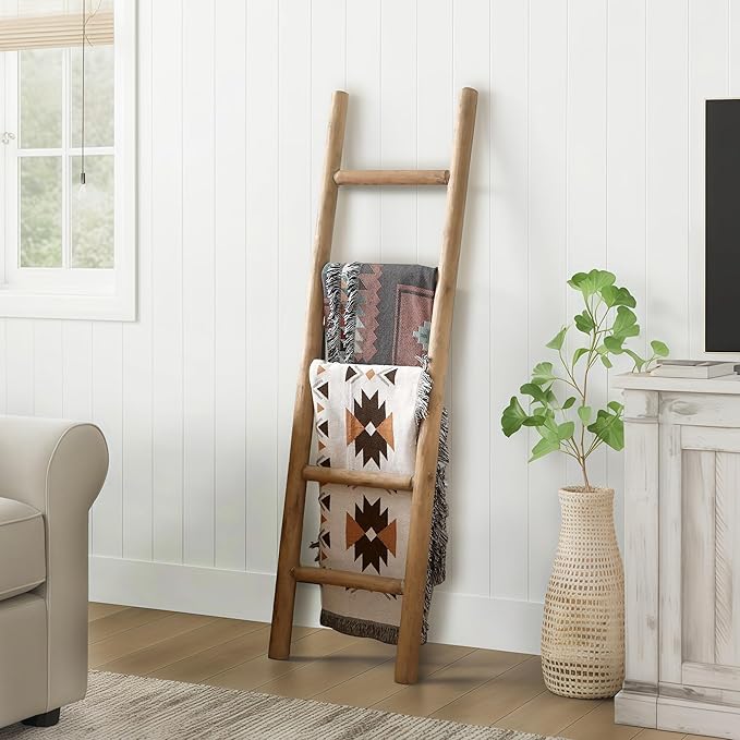 Wooden Blanket Ladder - 57in Natural Wood Color- Leaning Wall Decor for Bedroom, Bathroom, Living Room - Rustic Quilt Holder 