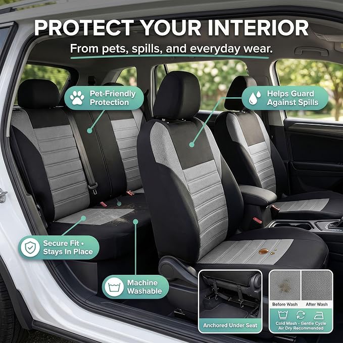FH Group Automotive Car Seat Covers Full Set Premium 3D Air Mesh Front Seat Covers, Airbag Compatible & Split Bench Cover Uni