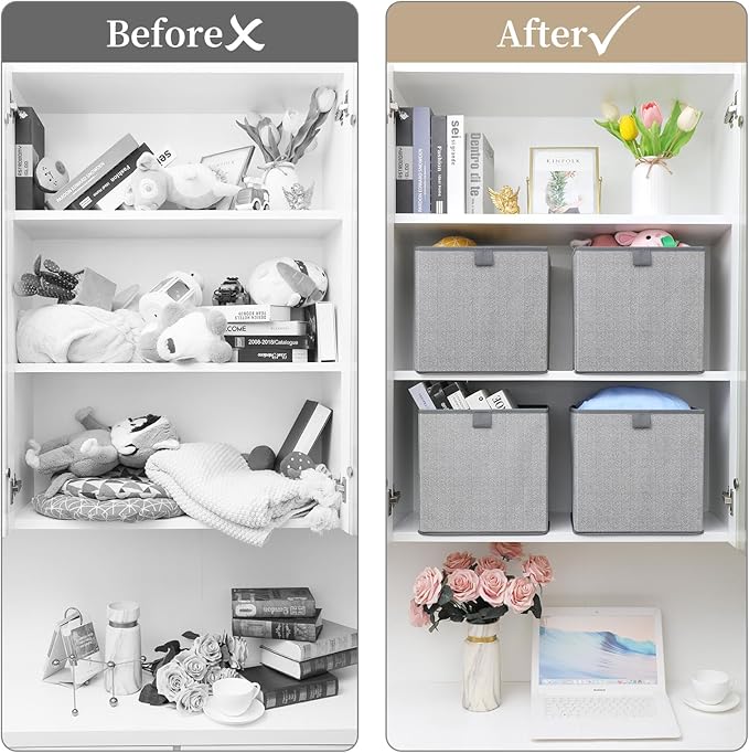 Storage Baskets, 11.8-Inch Woven Fabric Bins, Storage Cubes with Reinforced Handles, Organizer Bins for Closet Shelves, Folda