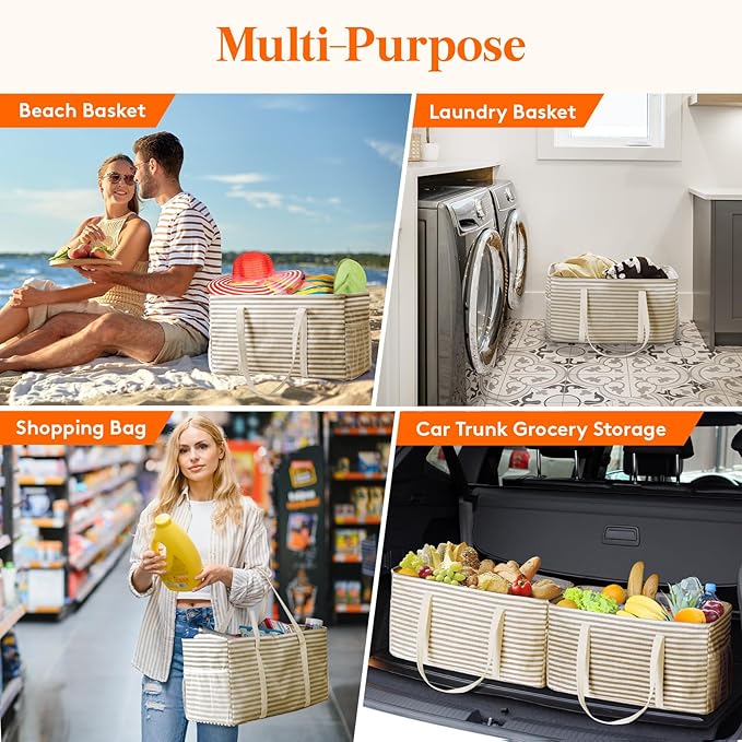 Lifewit Extra Large Tote Bag, Reusable Grocery Bags with Metal Wire Frame and Handles, Standing Utility Foldable Shopping Bags for Storage, Picnics, Beach, Laundry, Car, 46L, 1 Pack, Beige