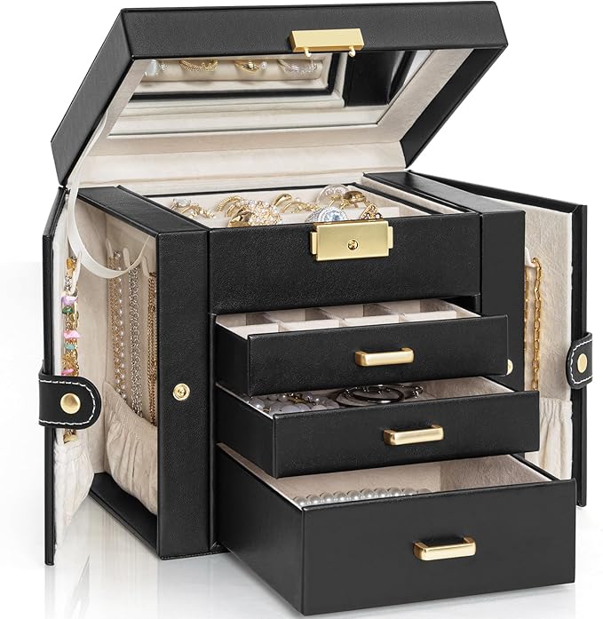 AKOZLIN 4-Tier Jewelry Box Leather Jewelry Storage Organizer with 3 Drawers Lockable for Women Girls Ring Necklace Earring Br