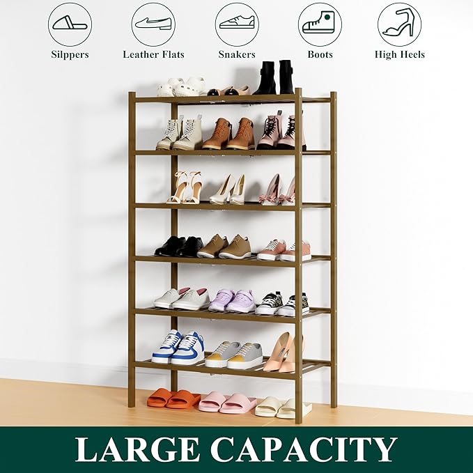 Smiry Shoe Rack, 6 Tier Thick Bamboo Shoe Organizer, Stackable Free Standing Wooden Shoe Storage Shelf for Closet, Entryway, 