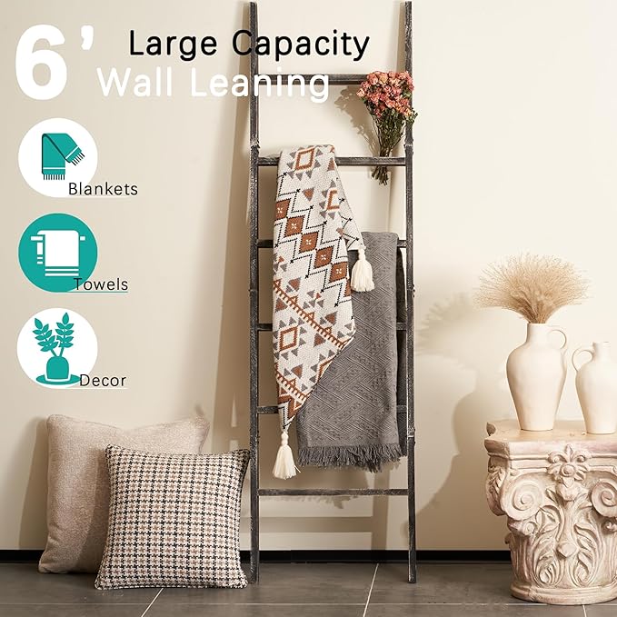 Blanket Ladder for The Living Room 6-Tier, Wooden Decorative Quilt Holder for Bed Room, Wall-Leaning Wood Towel Rack for Bath