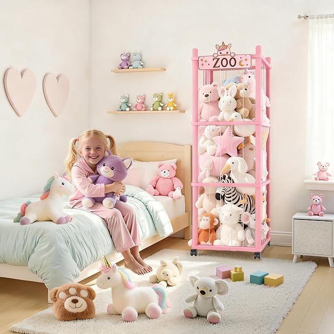 Stuffed Animal Storage Zoo Tower,56In Wooden Large Stuffed Animal Holder Organizer with Wheels,Stuffy Plushies Storage with E
