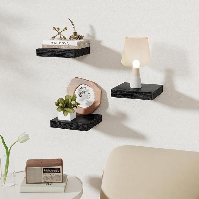 Fun Memories Small Floating Shelves for Wall - 8 Inch Square Wall Shelves with Invisible Brackets, Black Shelves for Bathroom