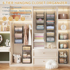 6 Tier Closet Hanging Organizer, Clothes Hanging Shelves with 4 Hanging Hooks 5 S Hooks, Wire Storage Basket Bins, for Clothi