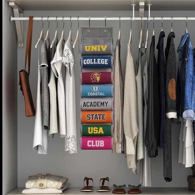 Over the Door Hoodie Organizer, Double Sided Holds 16 Hoodies, Gray Hanging Storage with 2 Hooks and Rope for Door Closet Cab