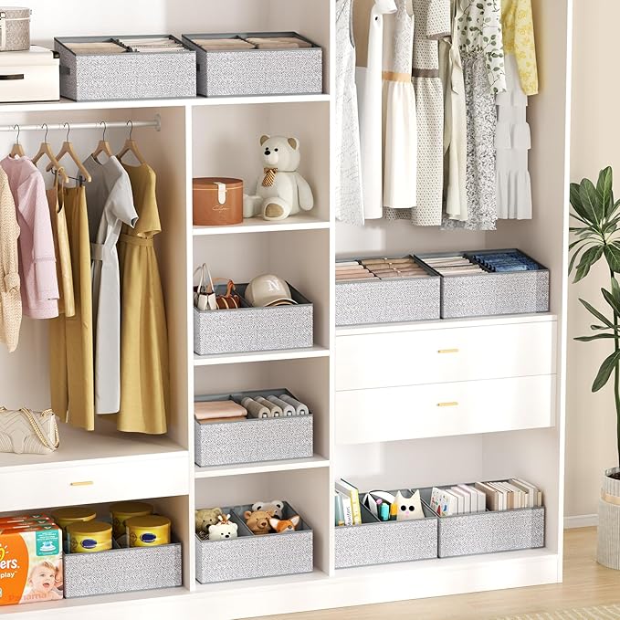 DIMJ Large Closet Shelf Organizer Bins 6 Packs with Handles and Divider, Fabric Trapezoid Storage Baskets, Foldable Clothes C