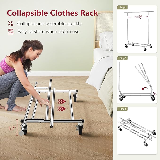 Tajsoon Clothing Rack Heavy Duty Clothes Racks Foldable Garment Rack with Wheels and Extendable Rod, Collapsible Clothing Rac