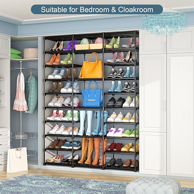 Kottwca 3 Row 10 Tier Large Shoe Rack Organizer for Closet Entryway, 60-65 Pair Shoe Boot Storage Rack, Metal Shoe Shelf Tall