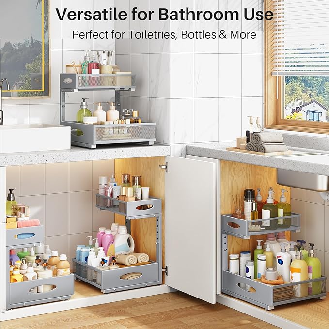 Under Sink Organizer, 2 Pack 2 Tier Pull Out Under Cabinet Organizer Shelf with Pad for Framed Cabinets, Metal Slide Out Unde