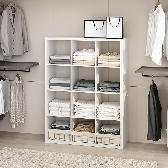 Furinno Cubic Closet Organizers and Storage, 12-Cube Closet Organizer, Open Shelf Closet Storage, Extra Thick Frame for Wardr