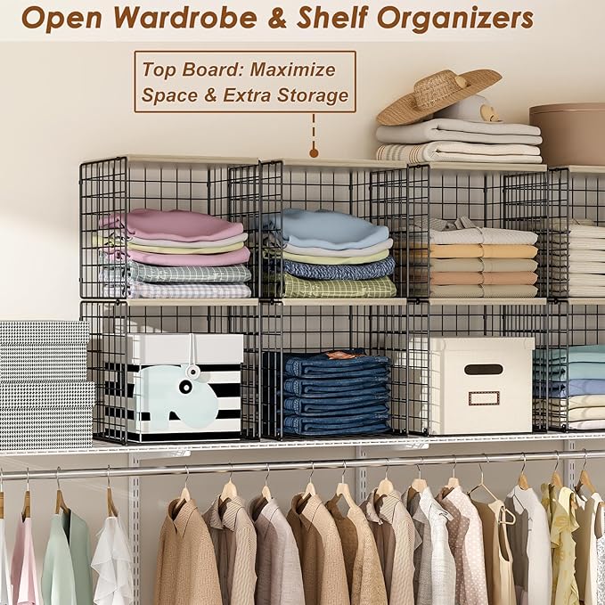 Hencawima 4-Tier Stackable Closet Organizers and Storage, Dual-Layer Reinforced Clothing Cube Shelves with Wood Tops, Sturdy 