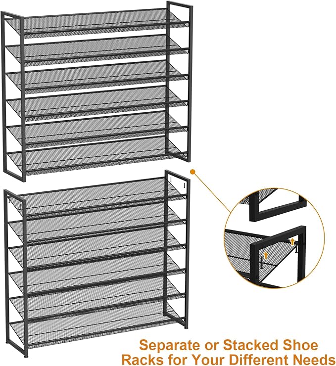 Large Shoe Rack 12 Tier Shoe Organizer, Heavy Duty Metal 6-Tier Stackable Shoe Storage Vertical Shoe Rack for Closet Front Do