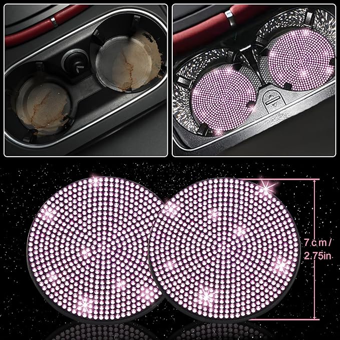 NBTEPEM 27-Piece Bling Car Accessories Set - Universal Fit Steering Wheel Covers, License Plate Frames, Phone Holder, Car Fast Charger, Coasters (Pink)