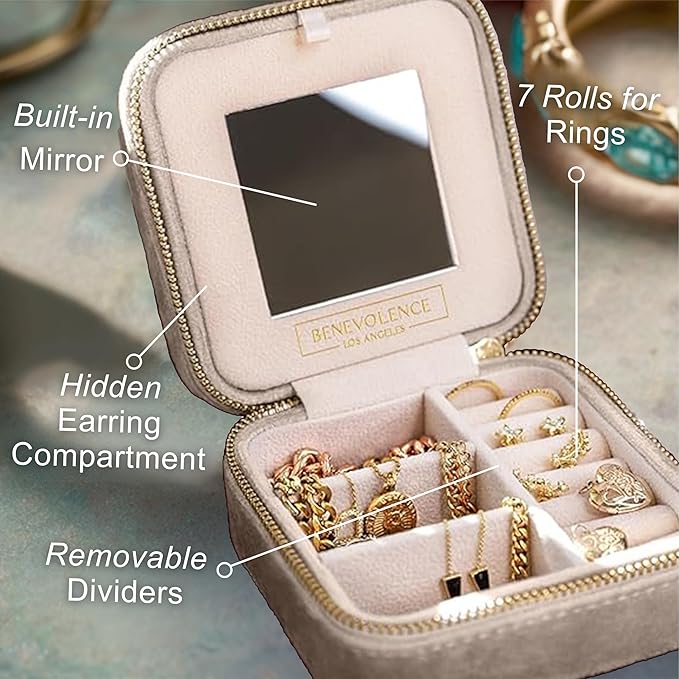 Benevolence LA Plush Velvet Jewelry Box | Travel Jewelry Case Organizer with Mirror | Featured in Oprah's Favorite Things | B