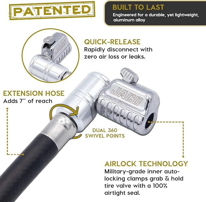 JACO Lightning L2X Quick-Connect Locking Tire Inflator Air Chuck Extension | Patented Lock-on Compressor Hose Attachment | 90 Degree Adapter (Open Flow)