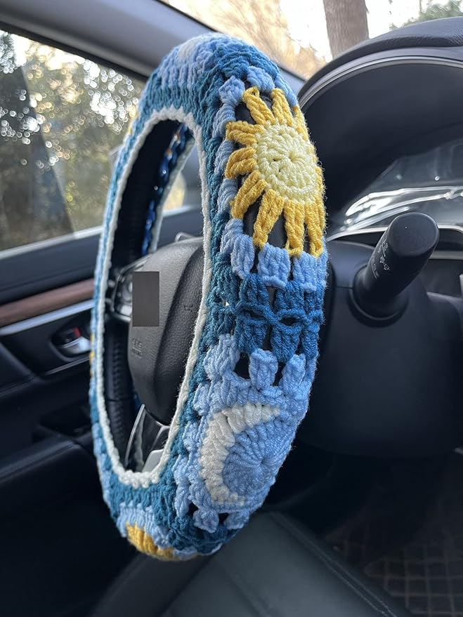 Handmade Crochet Sun and Moon Car Steering Wheel Covers Universal 14-15 inch for Women and Men (Steering Wheel Cover)