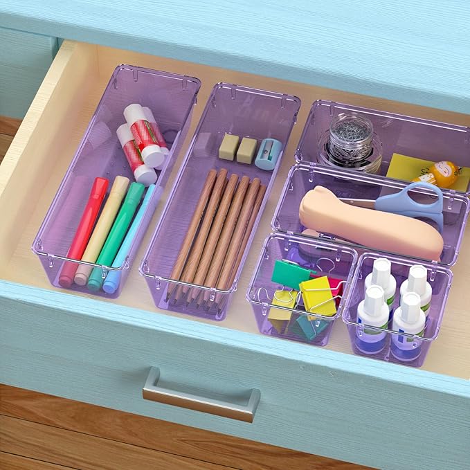 WOWBOX 9 Pack Clear Drawer Organizer Set, Acrylic Drawer Storage Trays, Storage Bins for Makeup, Cosmetics, Jewelries, Utensi