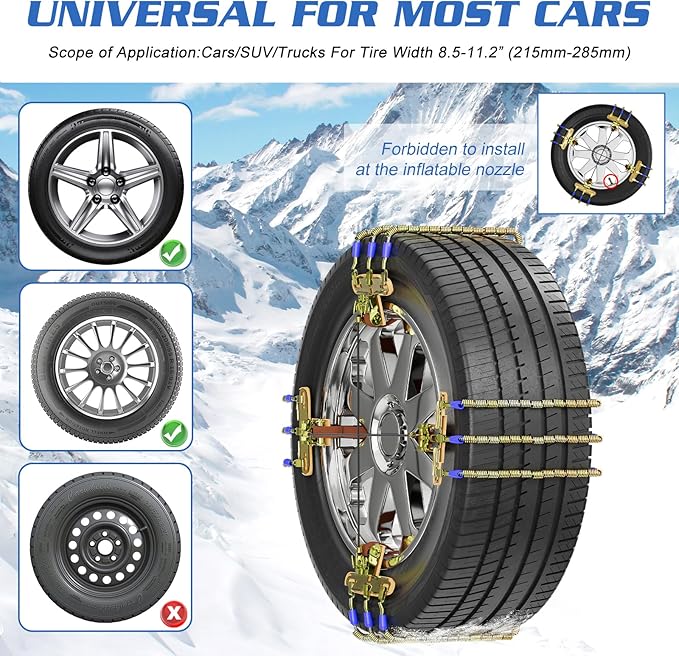 Upgraded Snow Chains 8 Pack, Tire Chains for Passenger Cars, Pickups, and SUVs, Universal Adjustable Emergency Portable Snow 