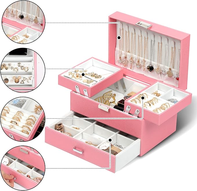 Dajasan Jewelry Organizer Box, Large Jewelry Boxes for Women Girls, Space-Saving 3 Layers Jewelry Storage Case with Drawer, G